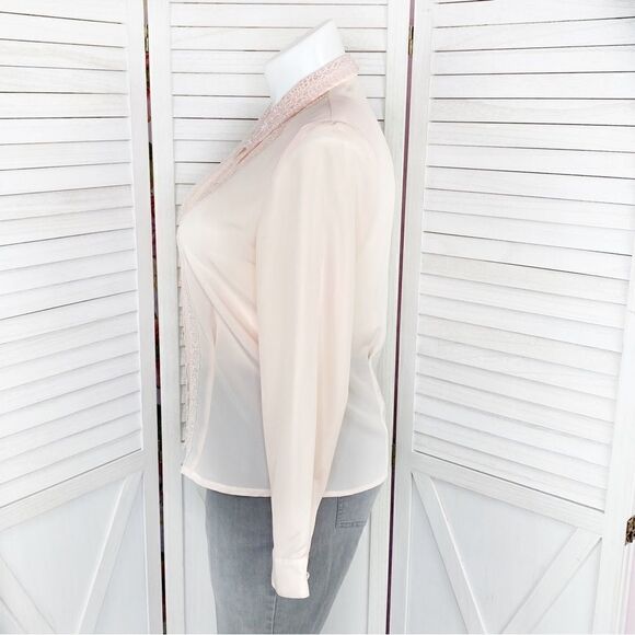 Kathy Che Vintage Sheer Lace Pleats Detail Blouse Peach Pink 12 - Picture 3 of 11